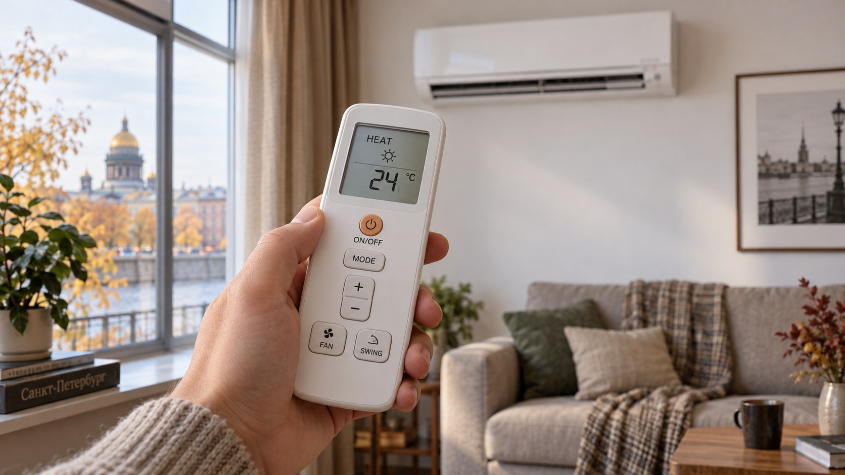 Пульт кондиционера с режимом HEAT, значком солнца и уставкой 24 °C в комнате Пульт кондиционера с режимом HEAT, значком солнца и уставкой 24 °C в комнате